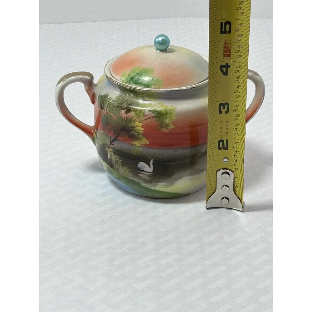 Noritake Hand Painted Vintage Sugar Bowl W/Lid Lake Scene Sunset W/ Swan‎